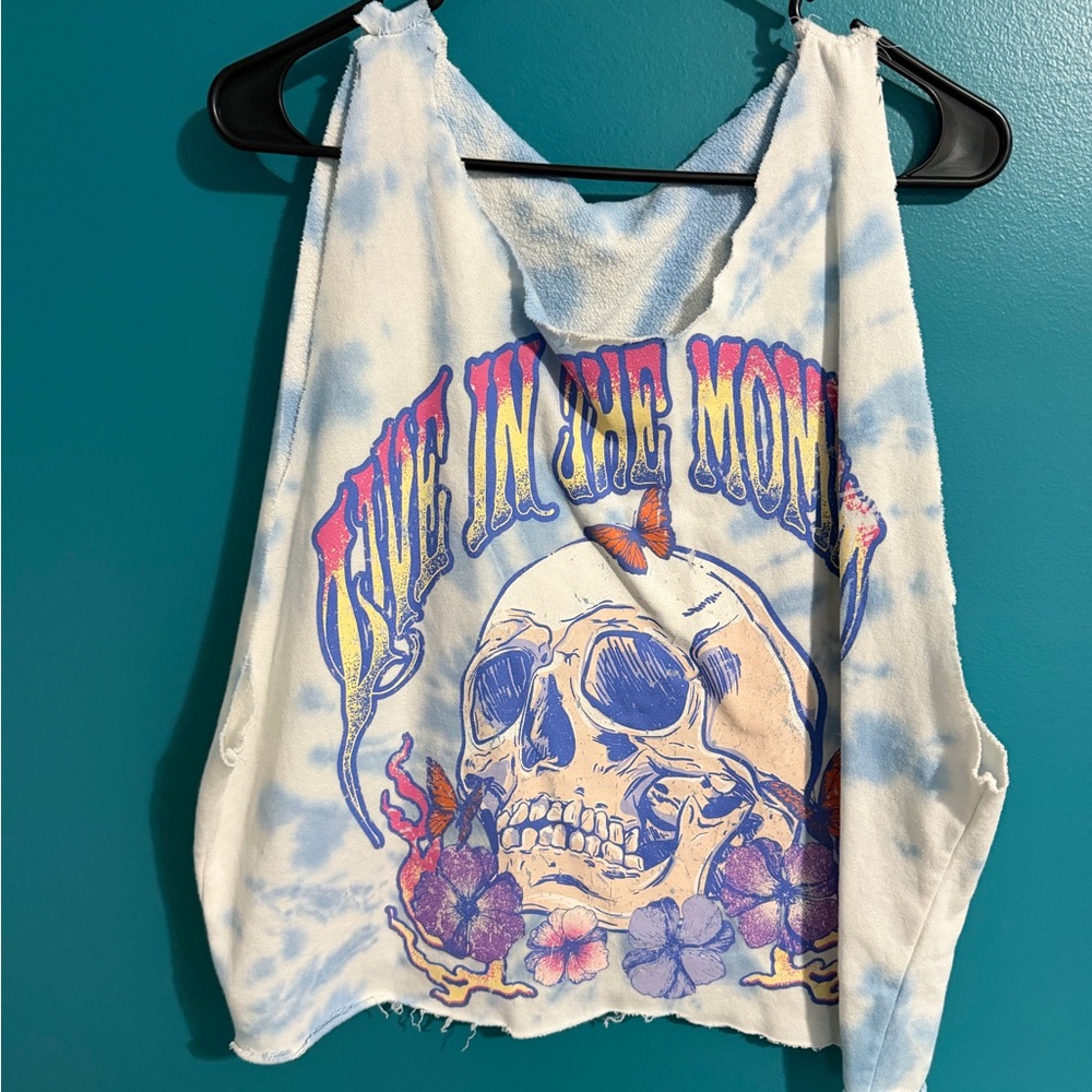 Tie-Dye Skull Graphic Cropped Tank Top - Blue & White
